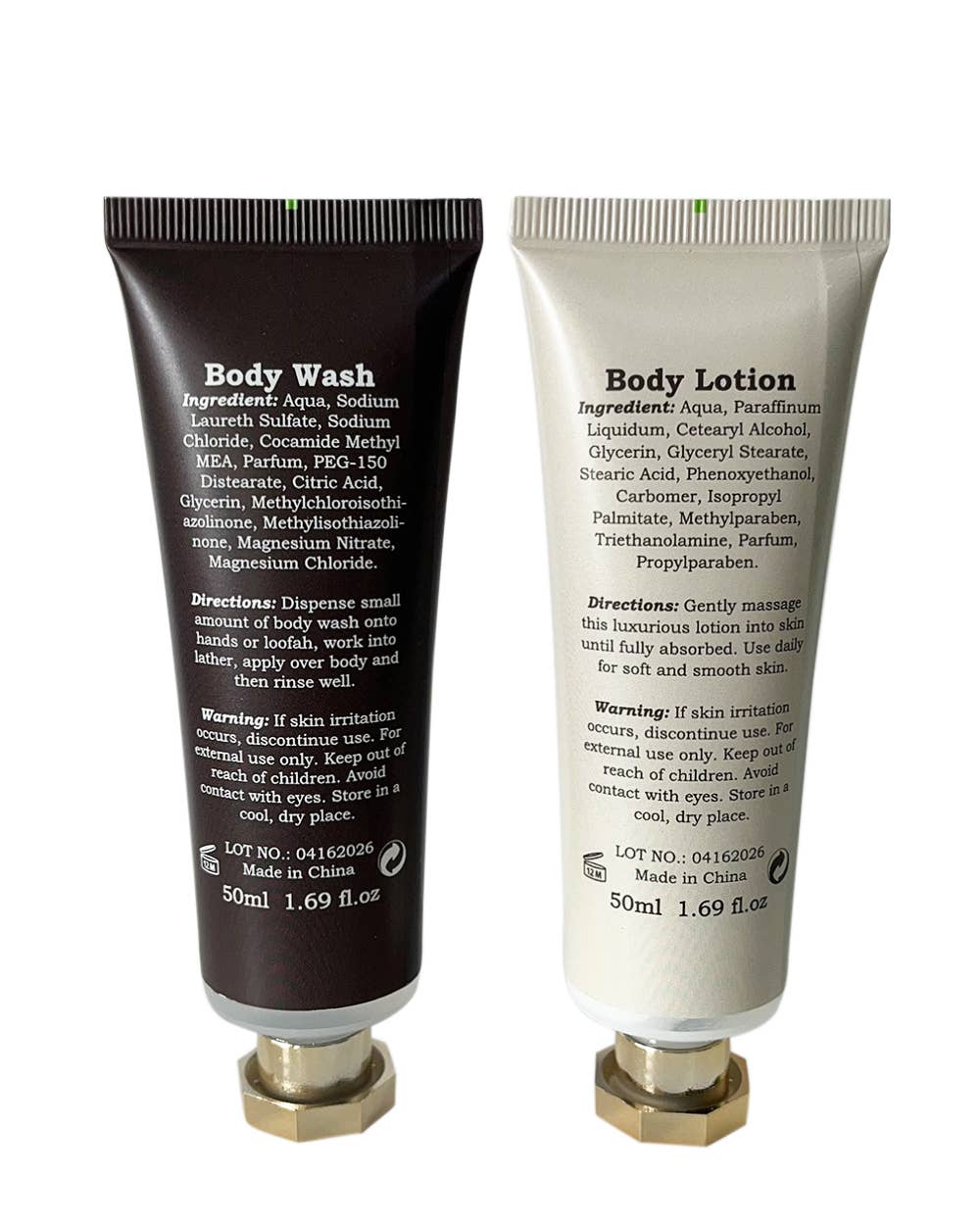 Body wash and lotion tubes with labels on a white background