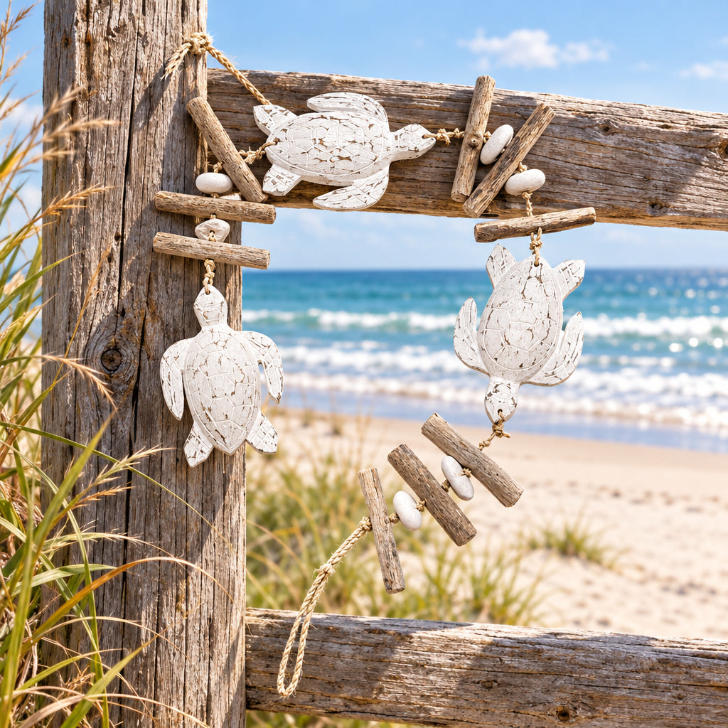 A driftwood and sea turtle garland featuring white-painted distressed sea turtle figurines and natural wood pieces, displayed on a clean white background.