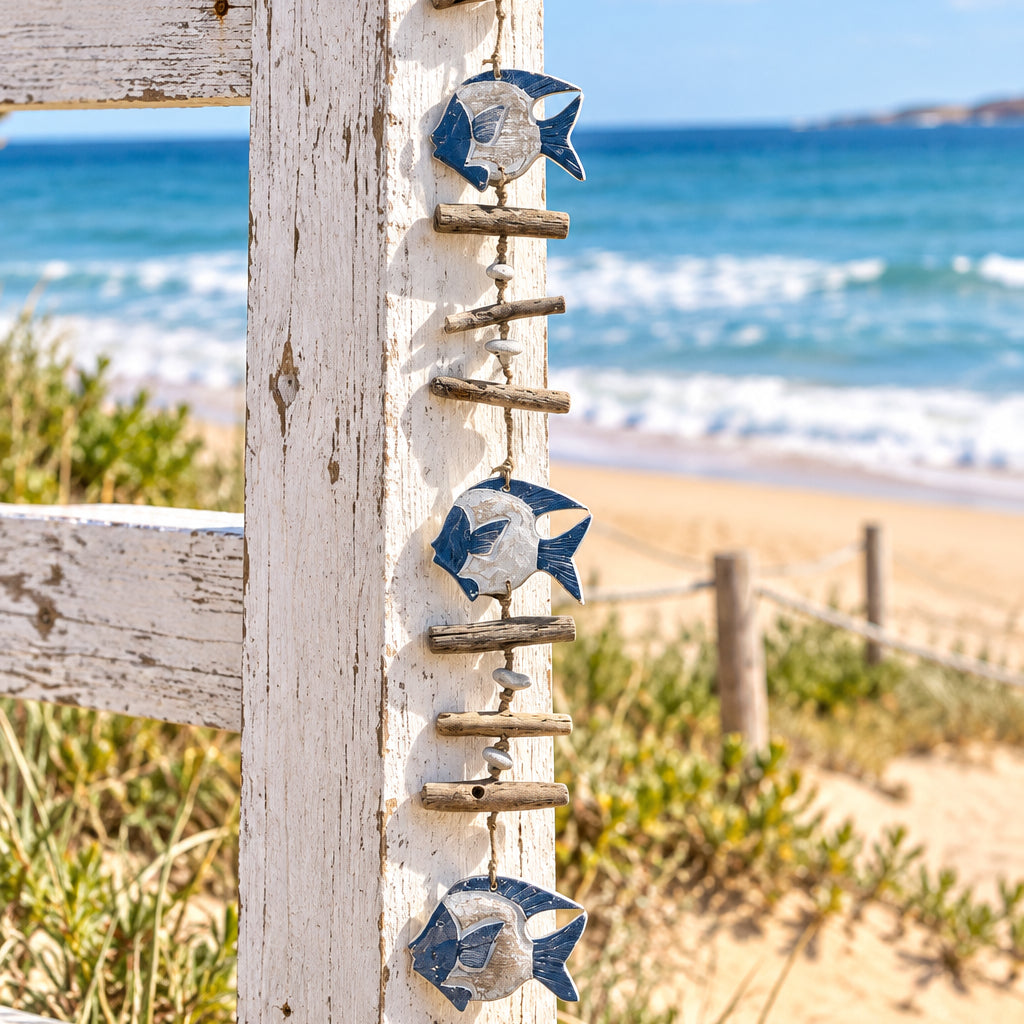 A vertical hanging nautical decoration featuring five blue and white fish cutouts separated by rustic wooden dowels and small metal connectors, shown against a plain white background.