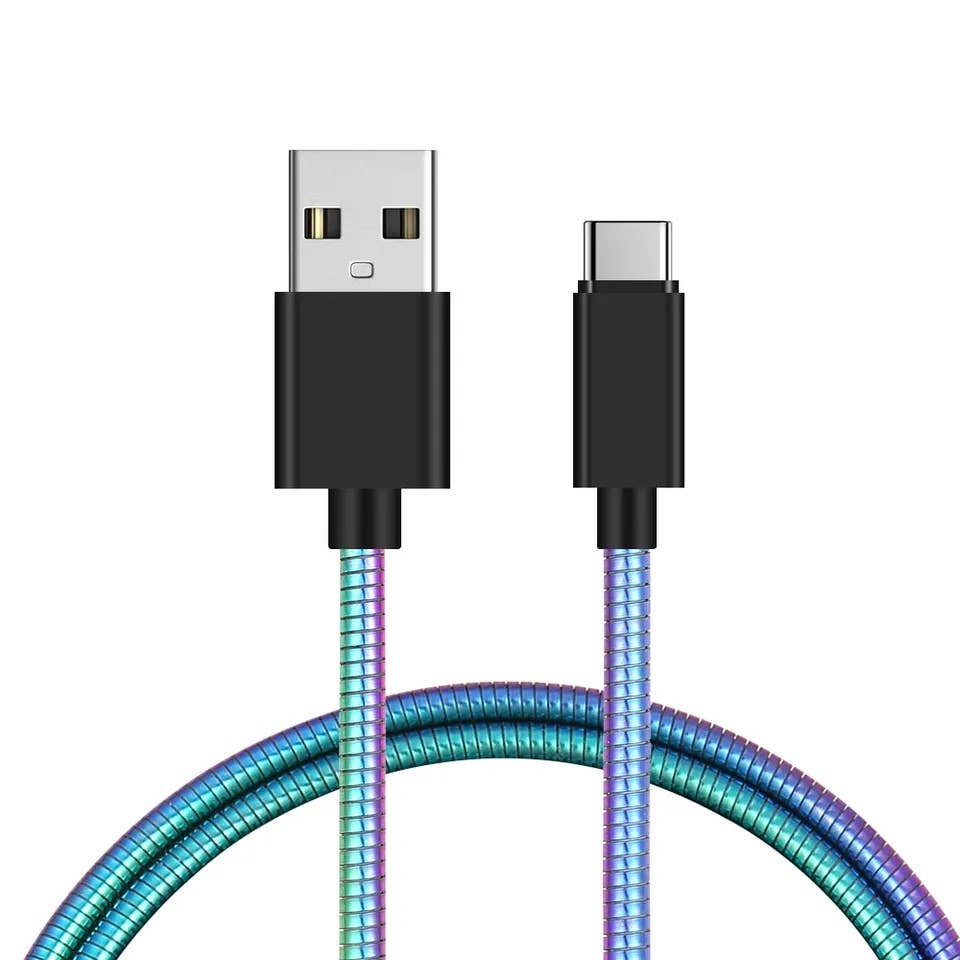 Iridescent metallic braided USB-A to Lightning charging cable, 6ft length.