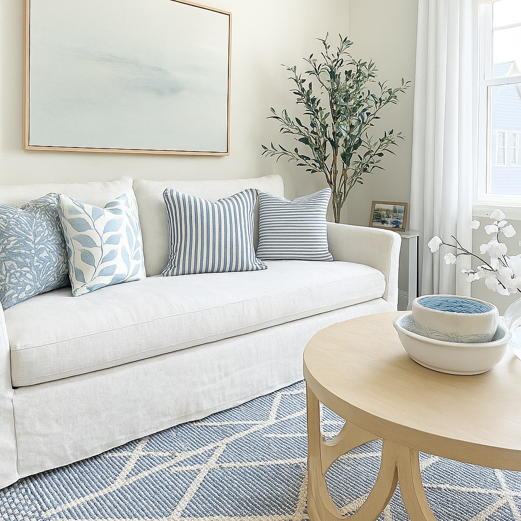 A bright, modern living room featuring a white slipcovered sofa with blue and white patterned pillows, a light wood coffee table, a blue and white geometric rug, and a large framed abstract print on the wall.