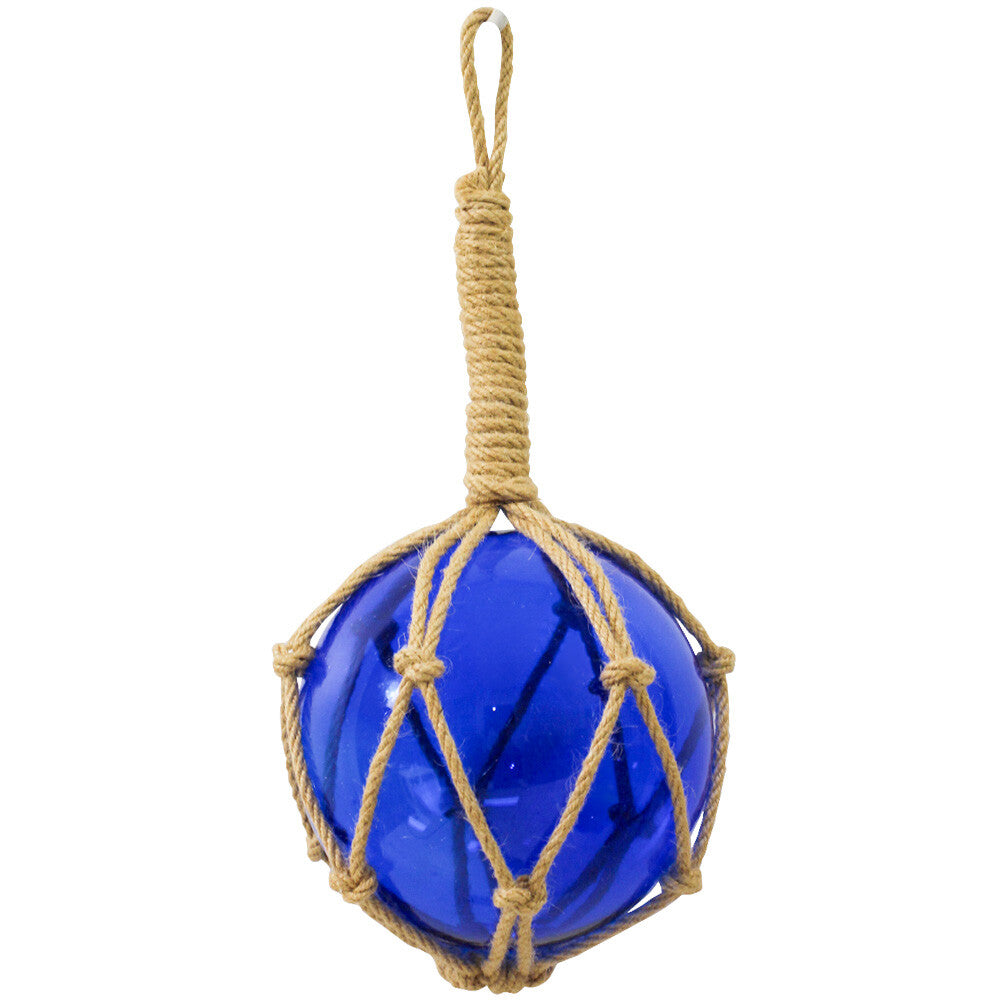 A blue glass nautical ornament shaped like a buoy, wrapped in natural tan rope netting with a hanging loop at the top, shown on a plain white background.