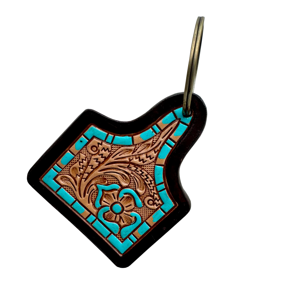 Decorative keychain with turquoise and brown design on a white background