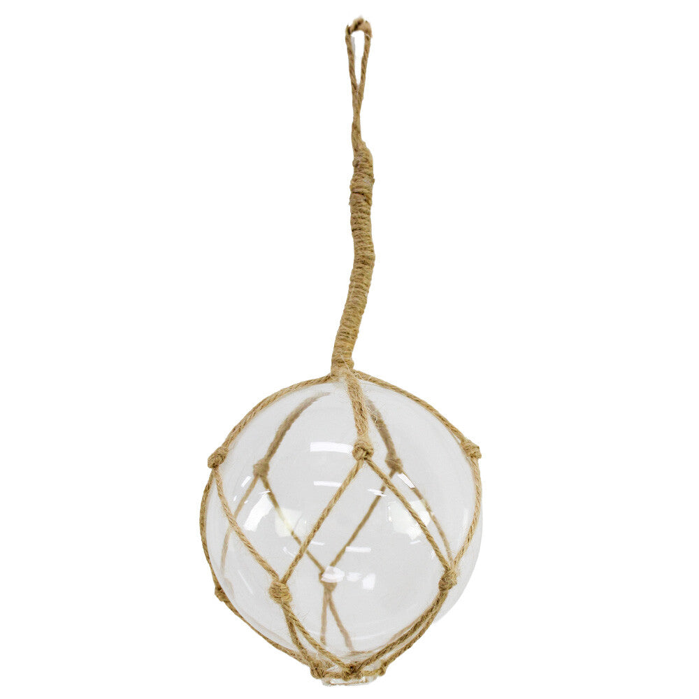 A clear glass hanging ornament shaped like a teardrop or teapot, wrapped in natural tan jute rope, with a matching jute loop at the top, shown against a plain white background.