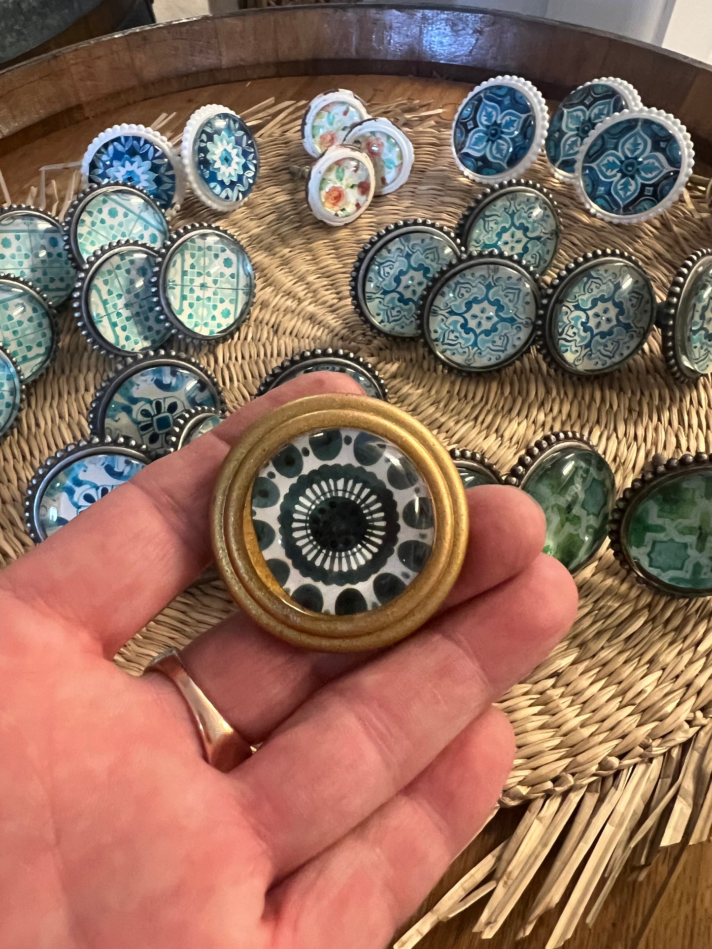 Green and White Pattern Brass Door Knobs