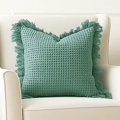 Organic Cotton Waffle Ruffle Cushion Cover – Sea Green