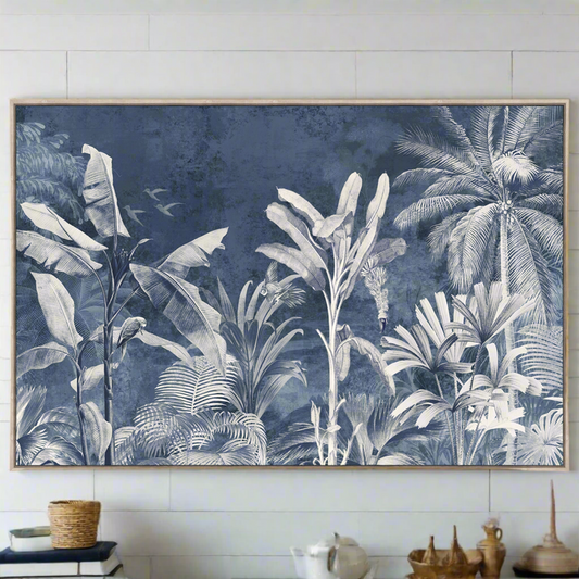 Blue Palm Framed Canvas Printing with Hand-Embellishment