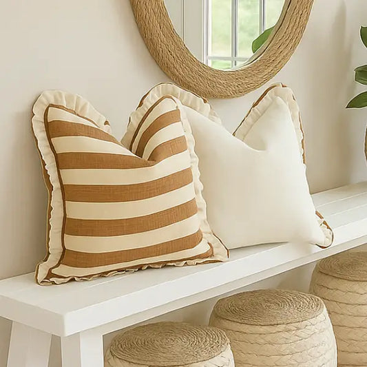 Reversible Linen Ruffle Cushion Cover – Tan Stripe
