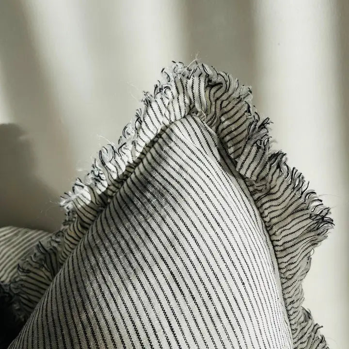 Pure French Linen Ruffle Cushion Cover – Pinstripe