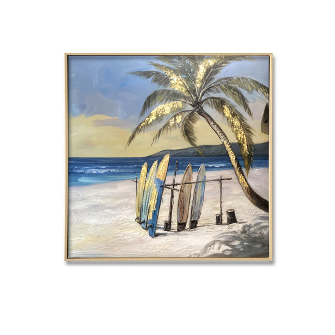 Leaning Surfboards - Brushed Canvas Print with Light Natural Frame