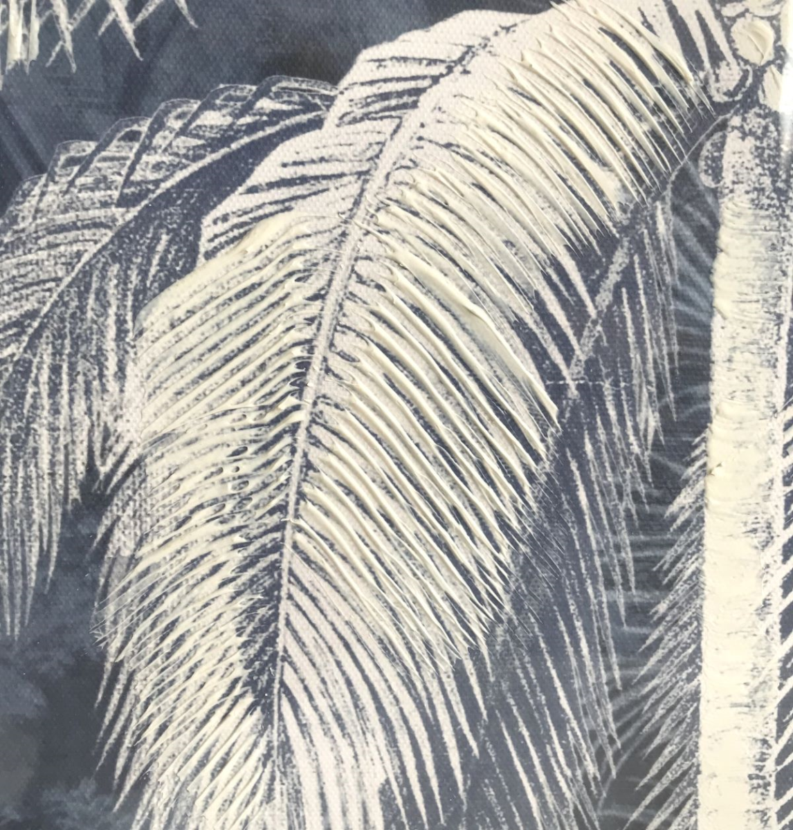 Blue Palm Framed Canvas Printing with Hand-Embellishment