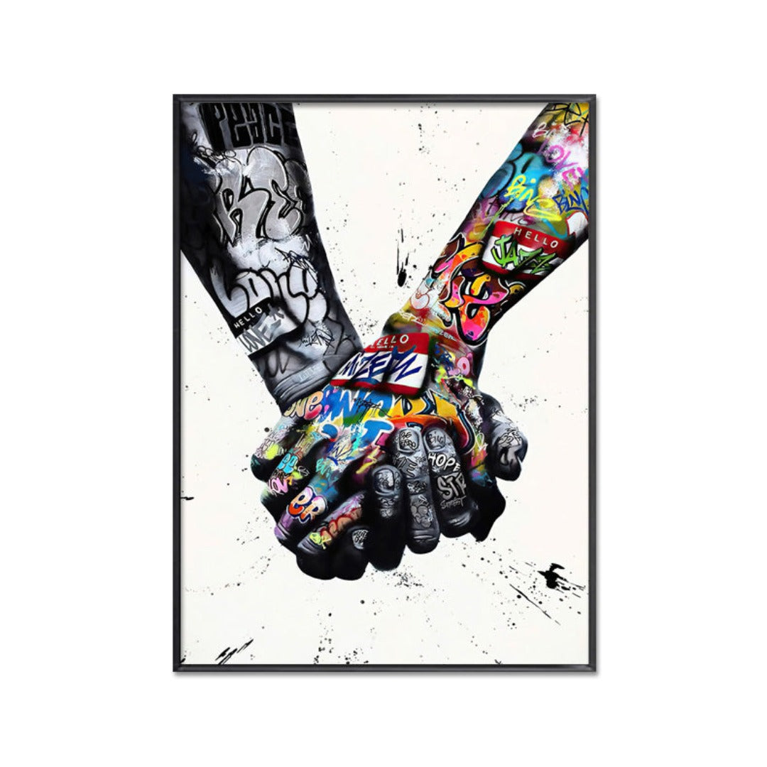 Street Art Holding Hands Canvas Print with Black Frame