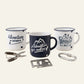 Three adventure ceramic mugs with folding pliers, flat multi-tool and locking carabiner