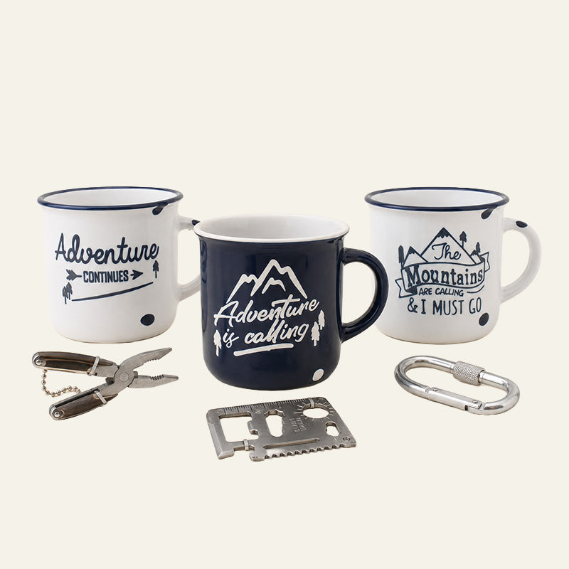 Three adventure ceramic mugs with folding pliers, flat multi-tool and locking carabiner