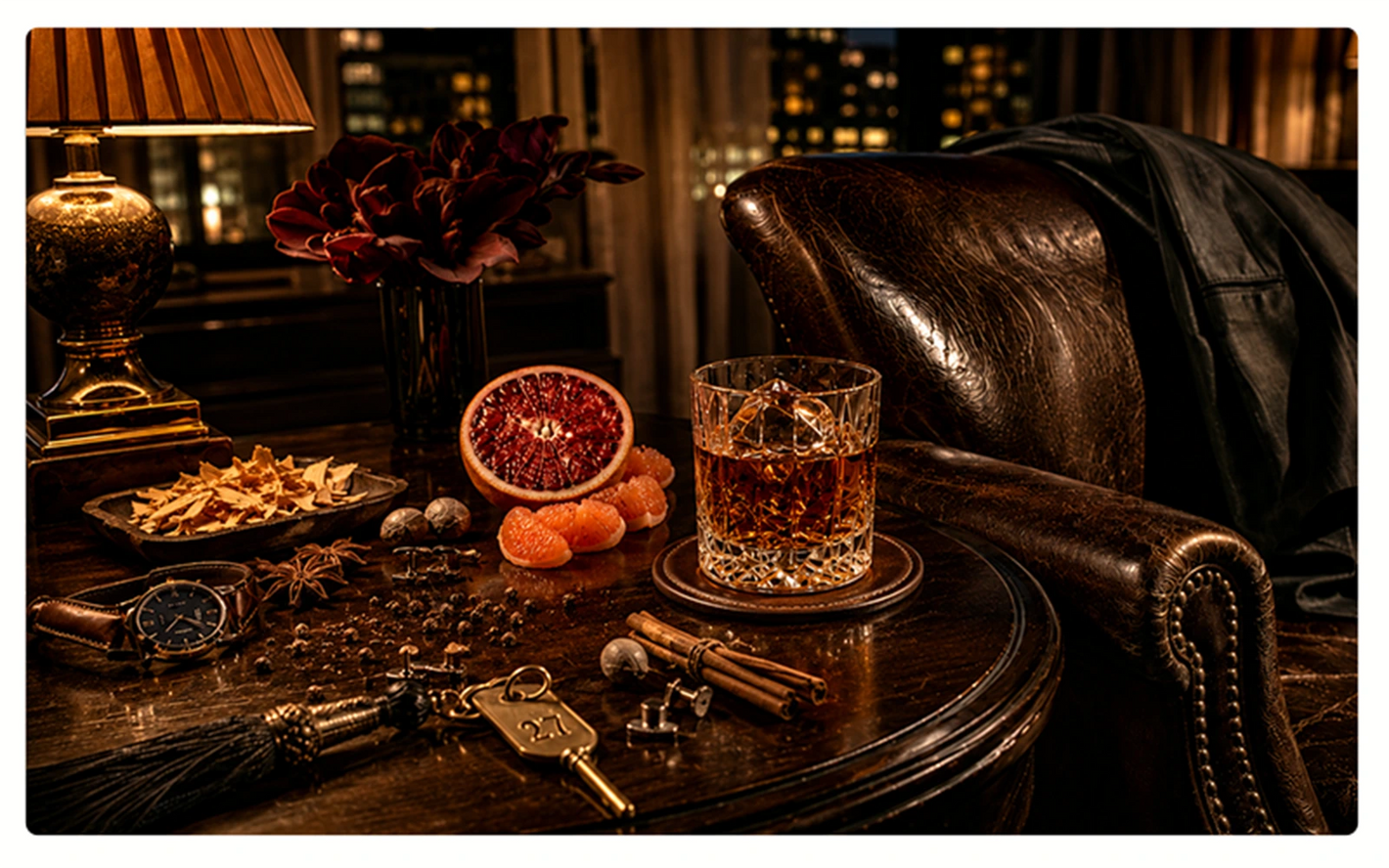After Dark Home fragrance - Whiskey cocktail of blood orange, cloves and cinnamon a wooden table with a leather chair and decorative items in the background
