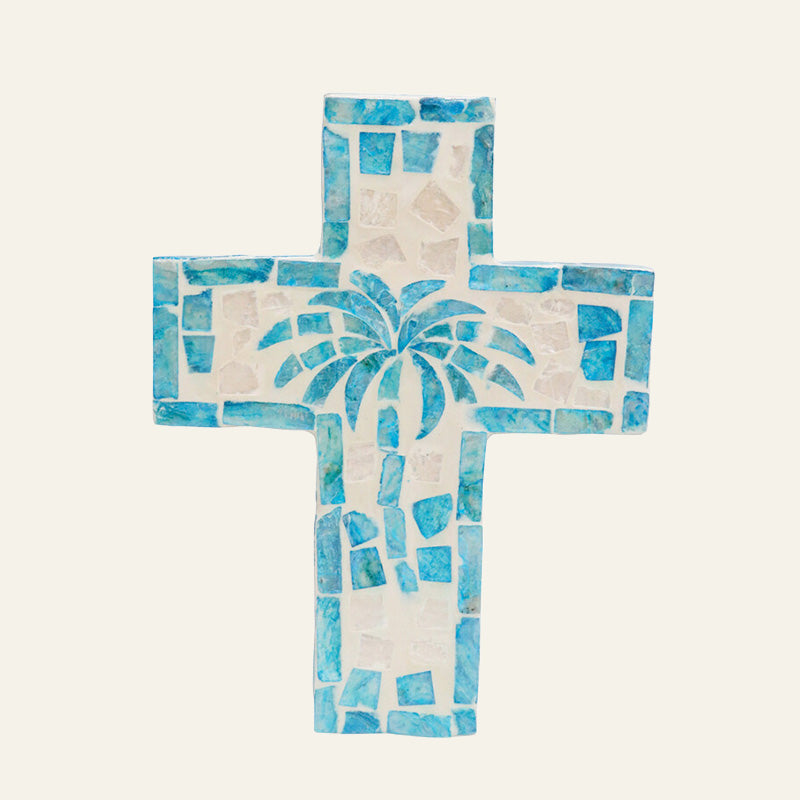 Decorative cross with blue and white palm tree design