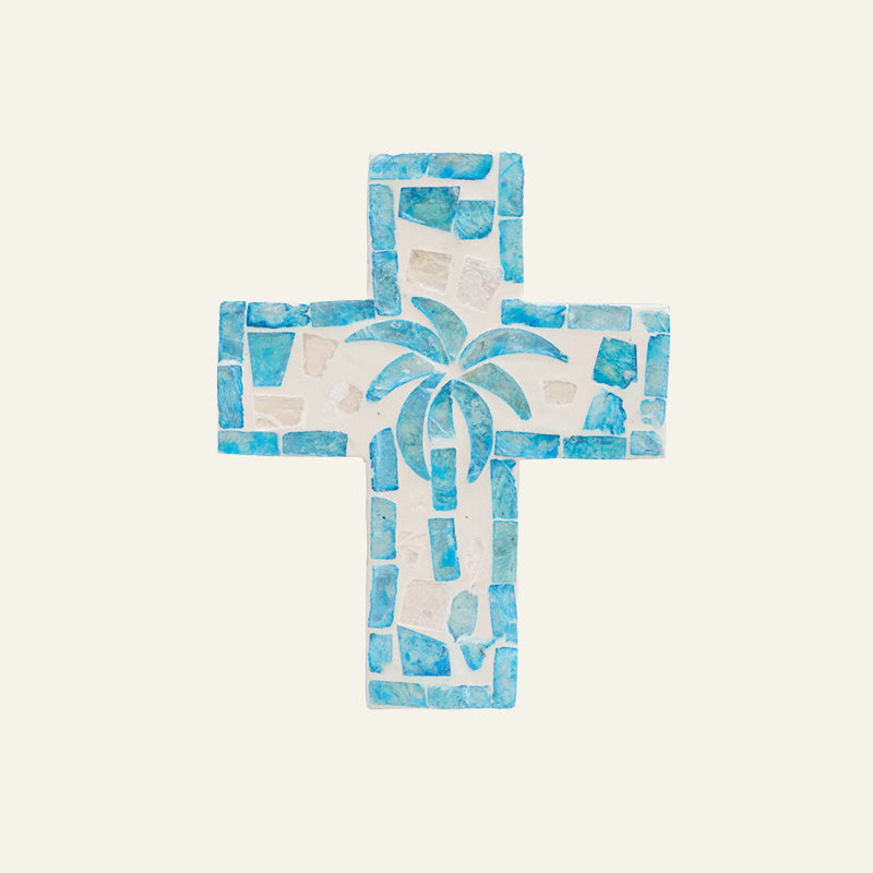 Aqua Decorative cross with palm tree design 
