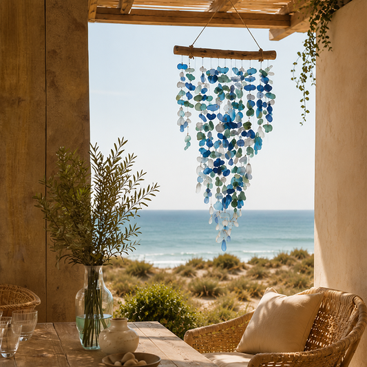 Hanging Sea Glass Wall art with ocean view through a wooden arch