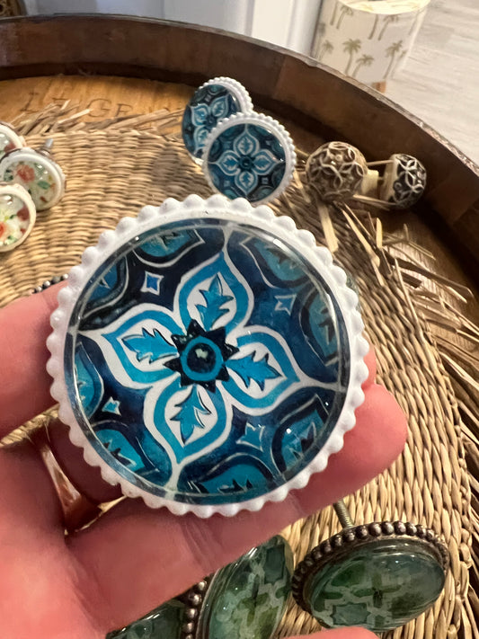 Blue and White Pattern Large Door Knobs