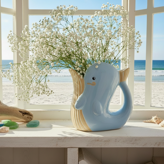 A light blue whale-shaped ceramic vase filled with white baby's breath flowers, set on a white wooden beach table with driftwood and seashells, with a sunny beach and ocean background.