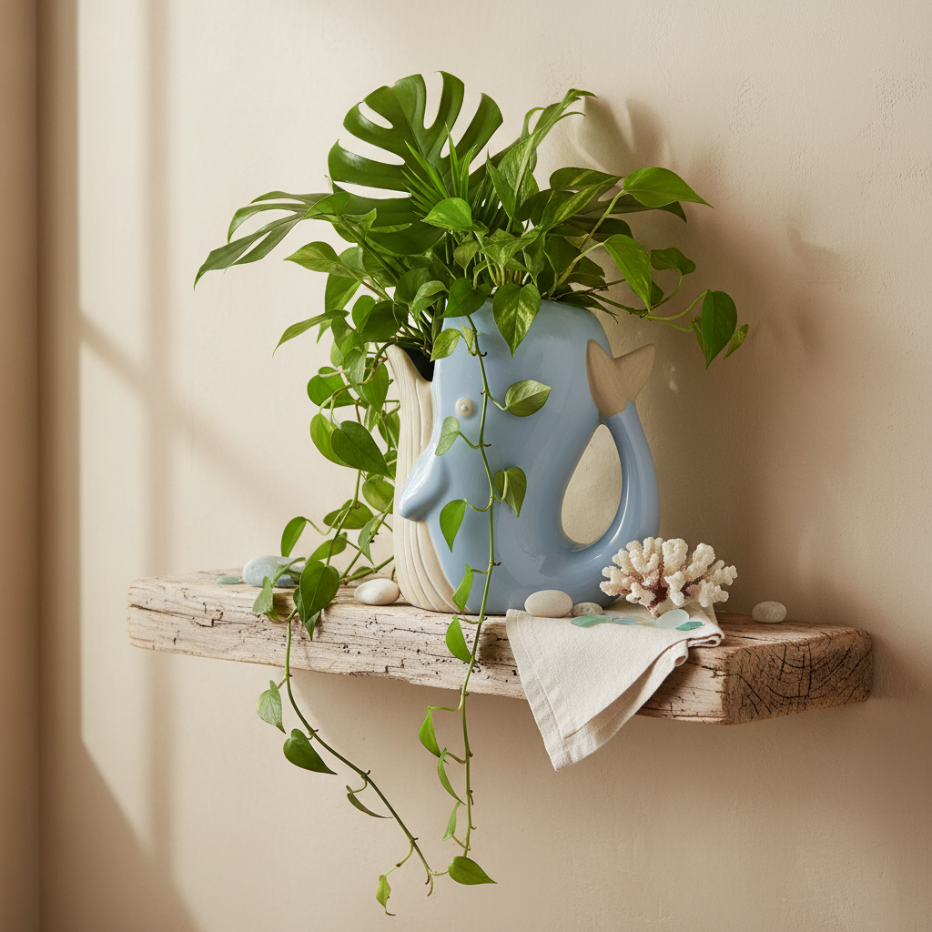 A light blue whale-shaped planter with a cream-colored interior, filled with a green monstera plant and trailing pothos plant, displayed on a rustic wooden shelf against a warm beige wall.