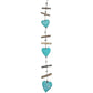 A vertical hanging decorative garland featuring four distressed turquoise heart-shaped beads or pendants suspended between small natural wood and dark metal cross-shaped pieces on a white background.