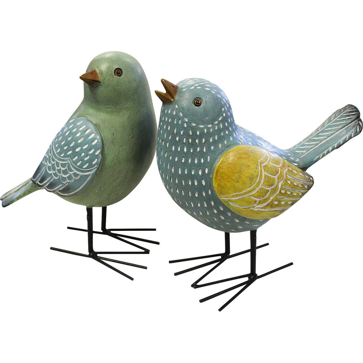Set of two blue, green and yellow decorative birds with black iron legs.