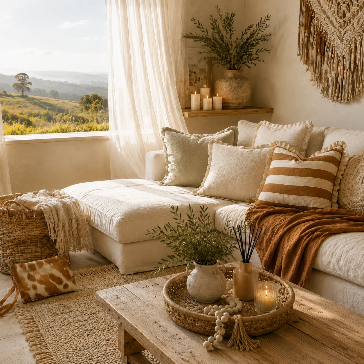 A cozy boho-style living room featuring a cream sectional sofa with multiple textured throw pillows, a rust-colored throw blanket, a rustic wooden coffee table with a tray and candle, and a large window overlooking a green rolling landscape.