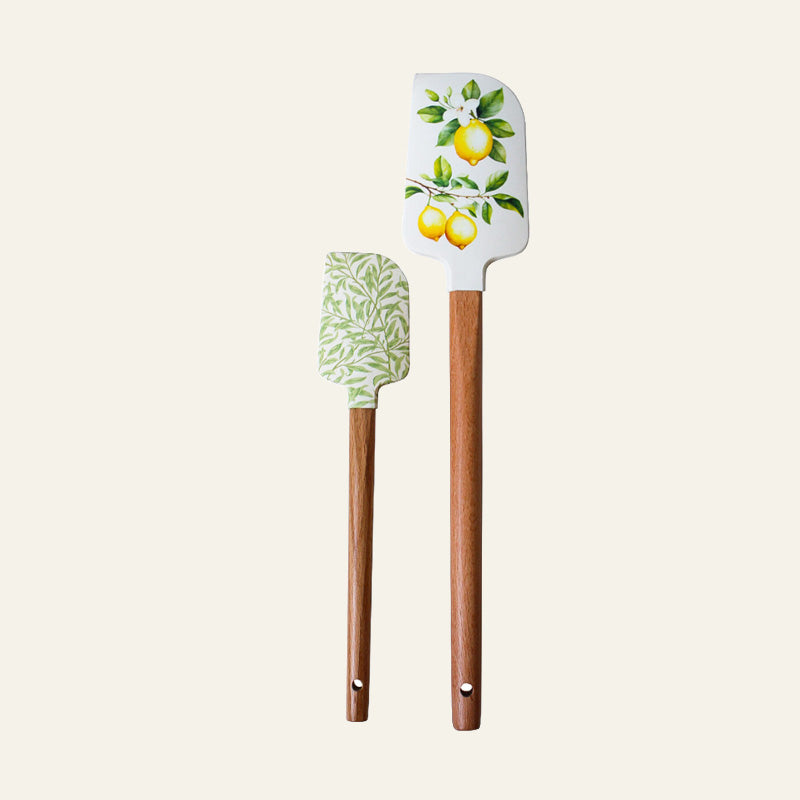 Botanical lemon silicone spatula set with wooden handles and green leaf design