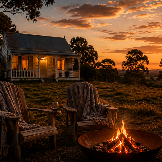 Cabin with chairs by a fire pit during sunset