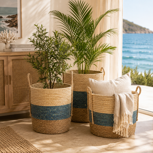 Handwoven Hamptons Style Baskets Neutrals & Blue