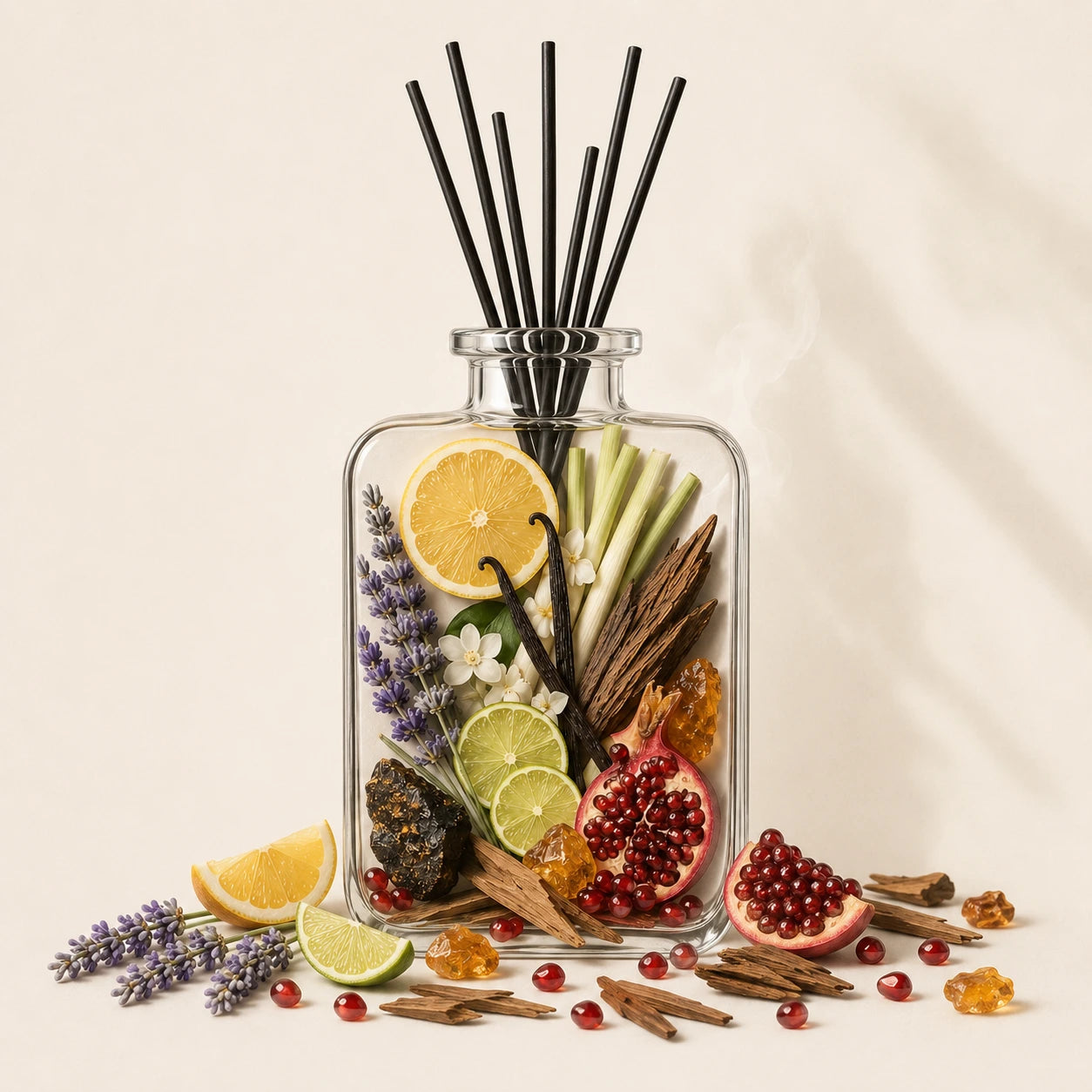 Reed diffuser with natural elements like citrus, herbs, and fruits on a beige background