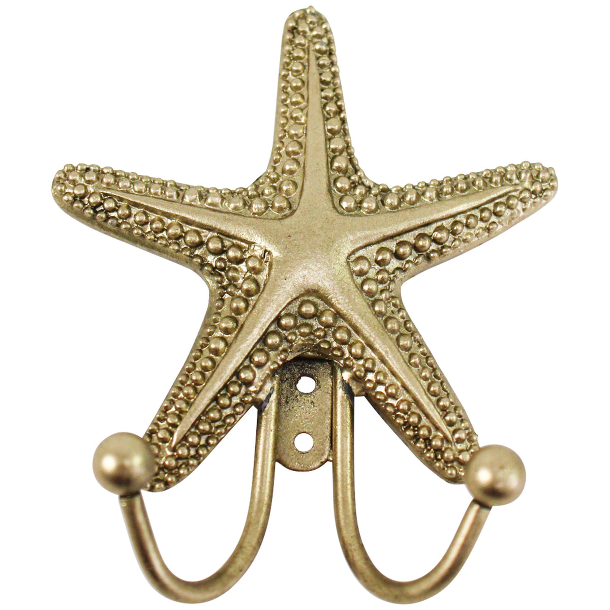 Antique-gold textured starfish wall hook with two curved hooks.
