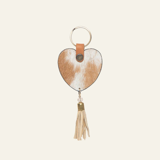 Cowhide Heart Tassel Keyring - Tan & White