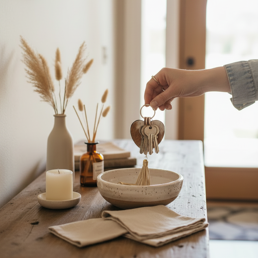 A hand holds a heart-shaped wooden keyring with several keys in a warm, styled entryway. The scene includes a rustic wooden table with a ceramic bowl, folded napkins, a candle, and dried grasses in a vase.