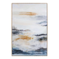 Abstract art painting with blue, white, and gold colors on a white background