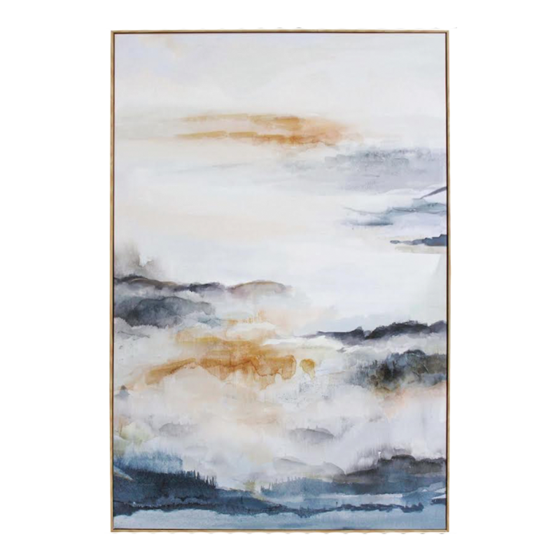 Abstract art painting with blue, white, and gold colors on a white background
