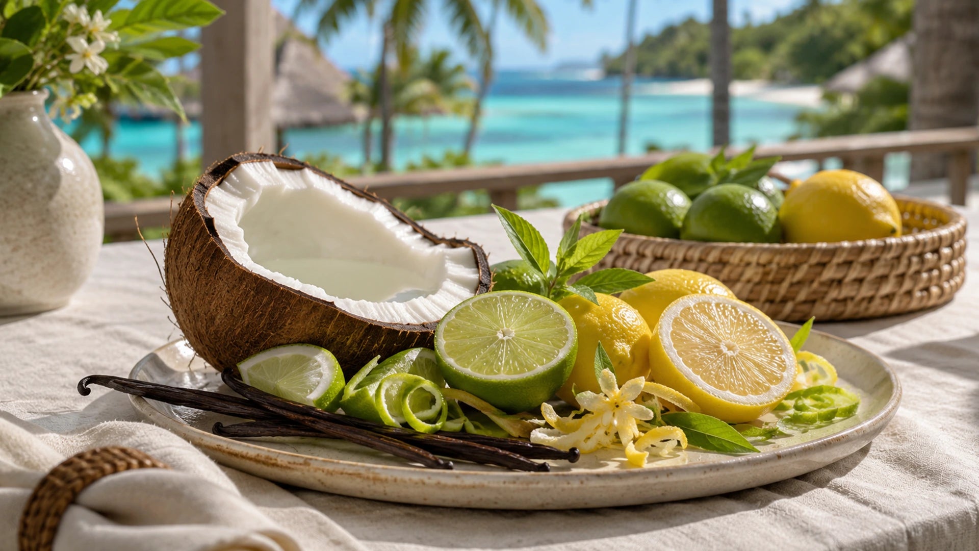 Fiji Time home fragrance - Coconut, limes, lemons, and vanilla beans on a plate with a tropical beach in the background