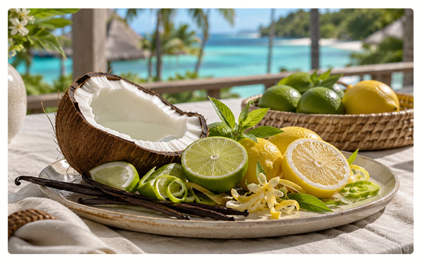 Fiji Time home fragrance - Coconut, limes, lemons, and vanilla beans on a plate with a tropical beach in the background