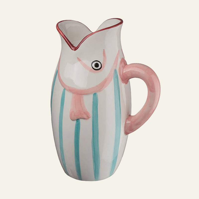 Fish vase  with blue and white stripes to body and pink handle