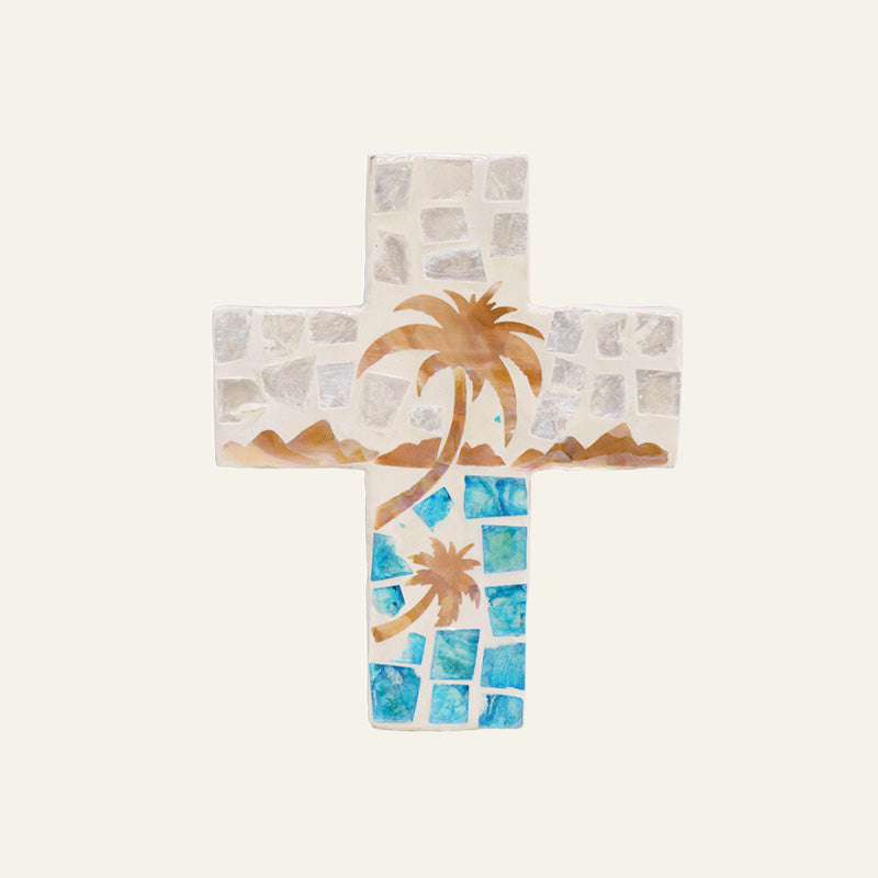 Decorative cross with palm tree and beach