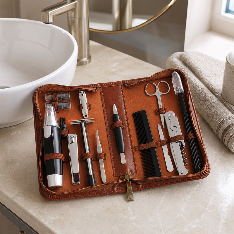Men’s 12 Piece Travel Grooming Kit in Tan Zip Case