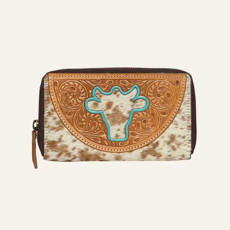 Hand-Tooled Bull Skull Cowhide Leather Wallet – Tan & White