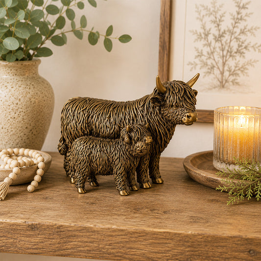Antique bronze Highland Cow and Calf Figurine with detailed textured shaggy coats on a wooden shelf with candel, beaded garland, vase and plant
