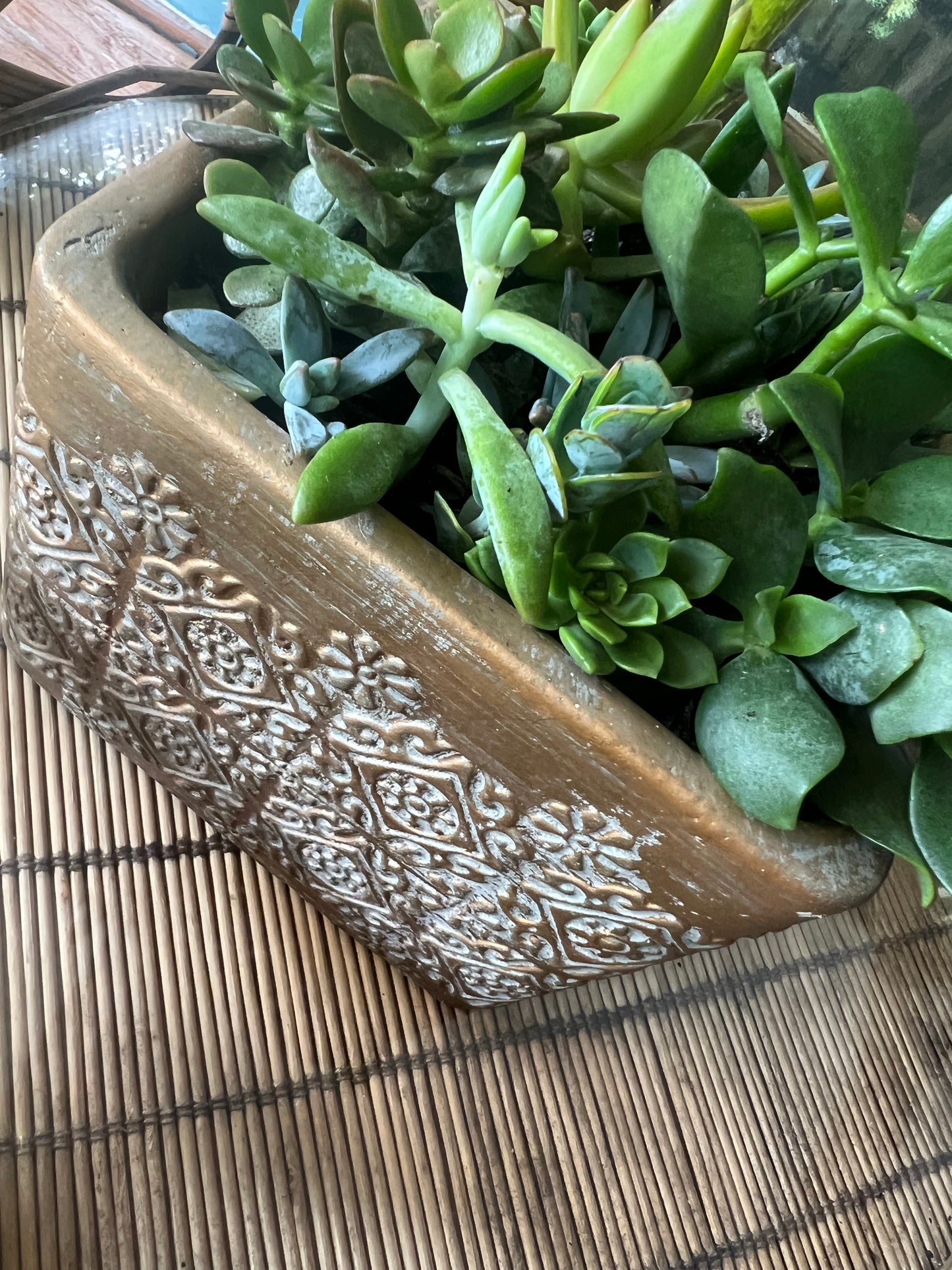 Gold Pattern Planter with succulents ready to go (