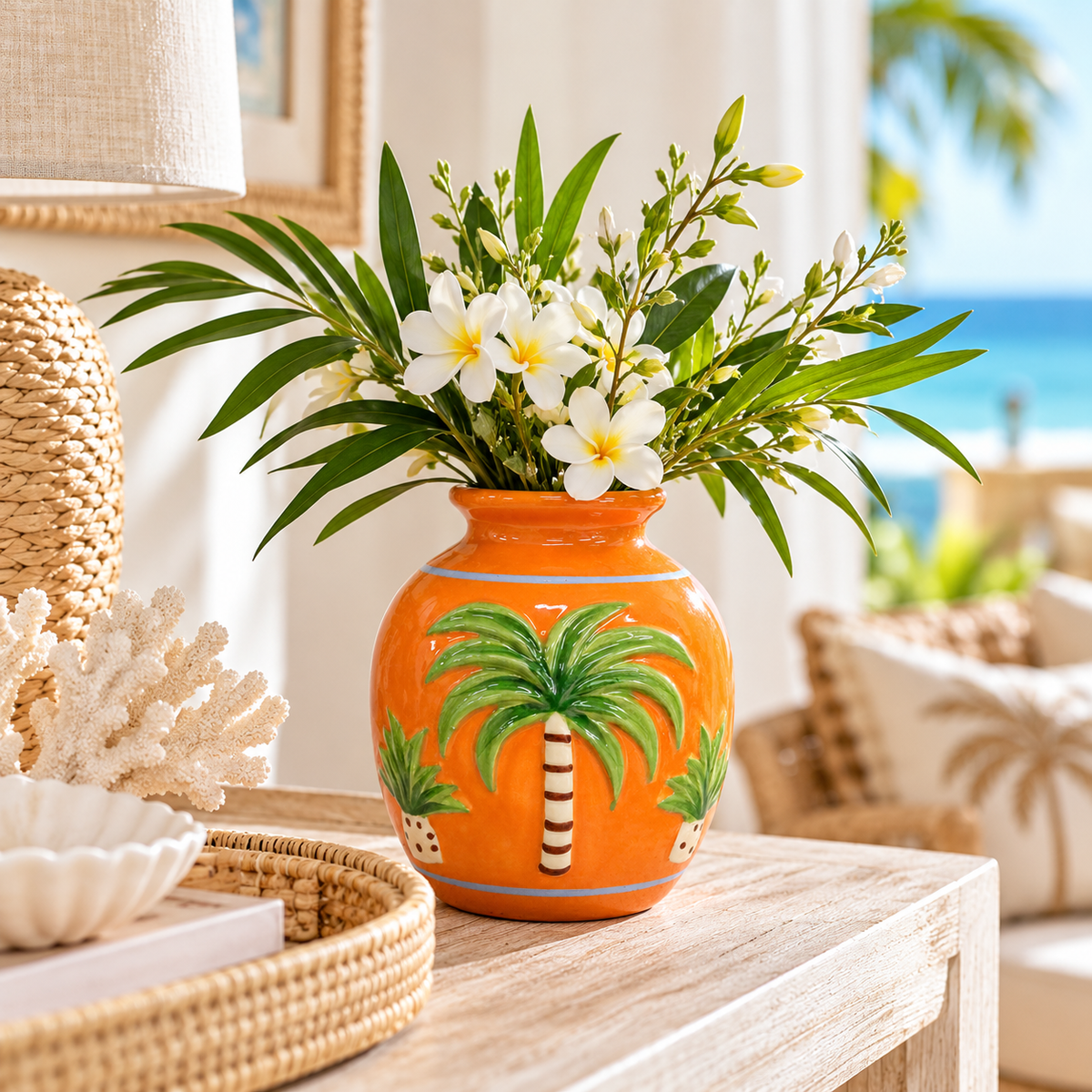 Orange Palm Tree Ceramic Vase – Tropical Coastal Home Décor