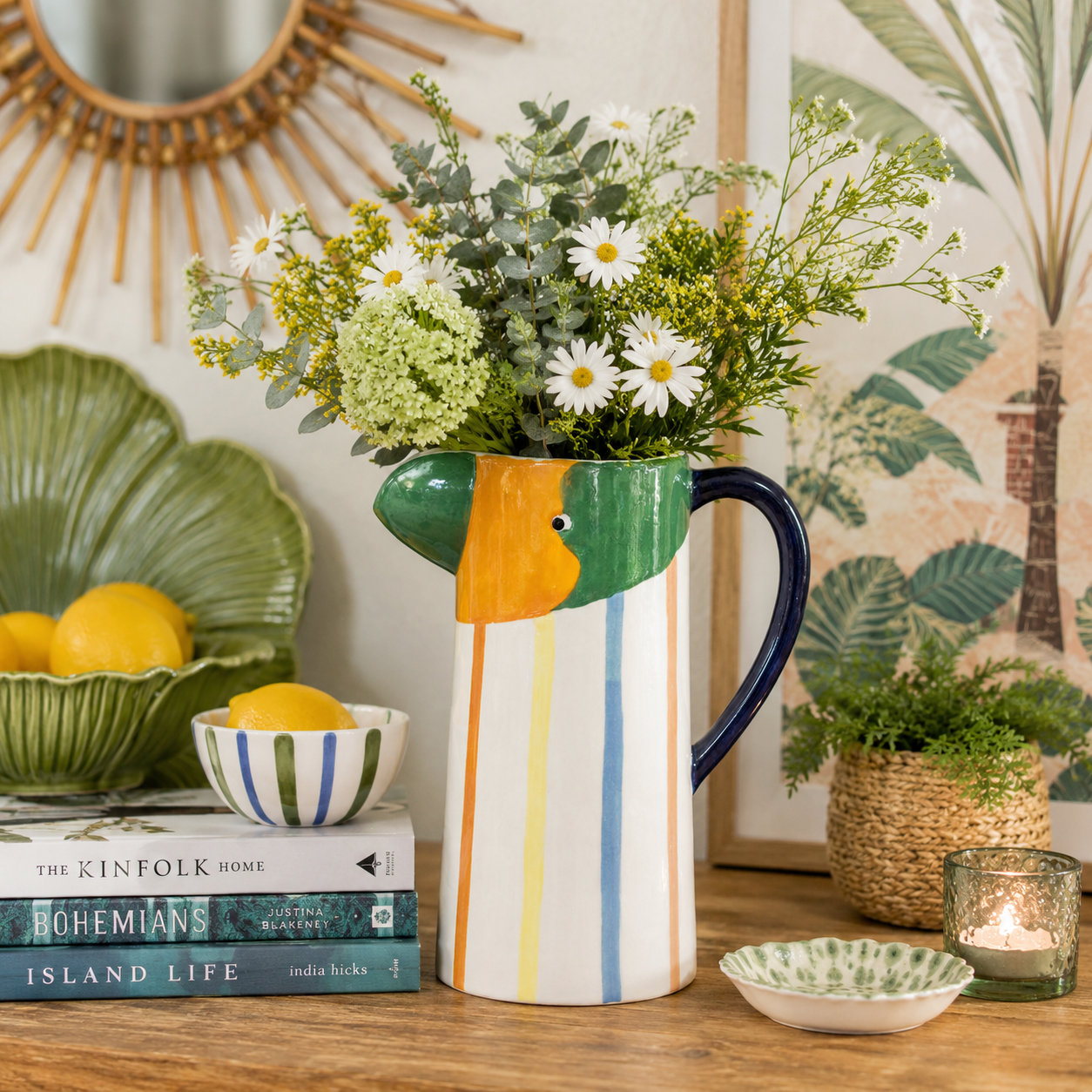 Striped Bird Ceramic Jug