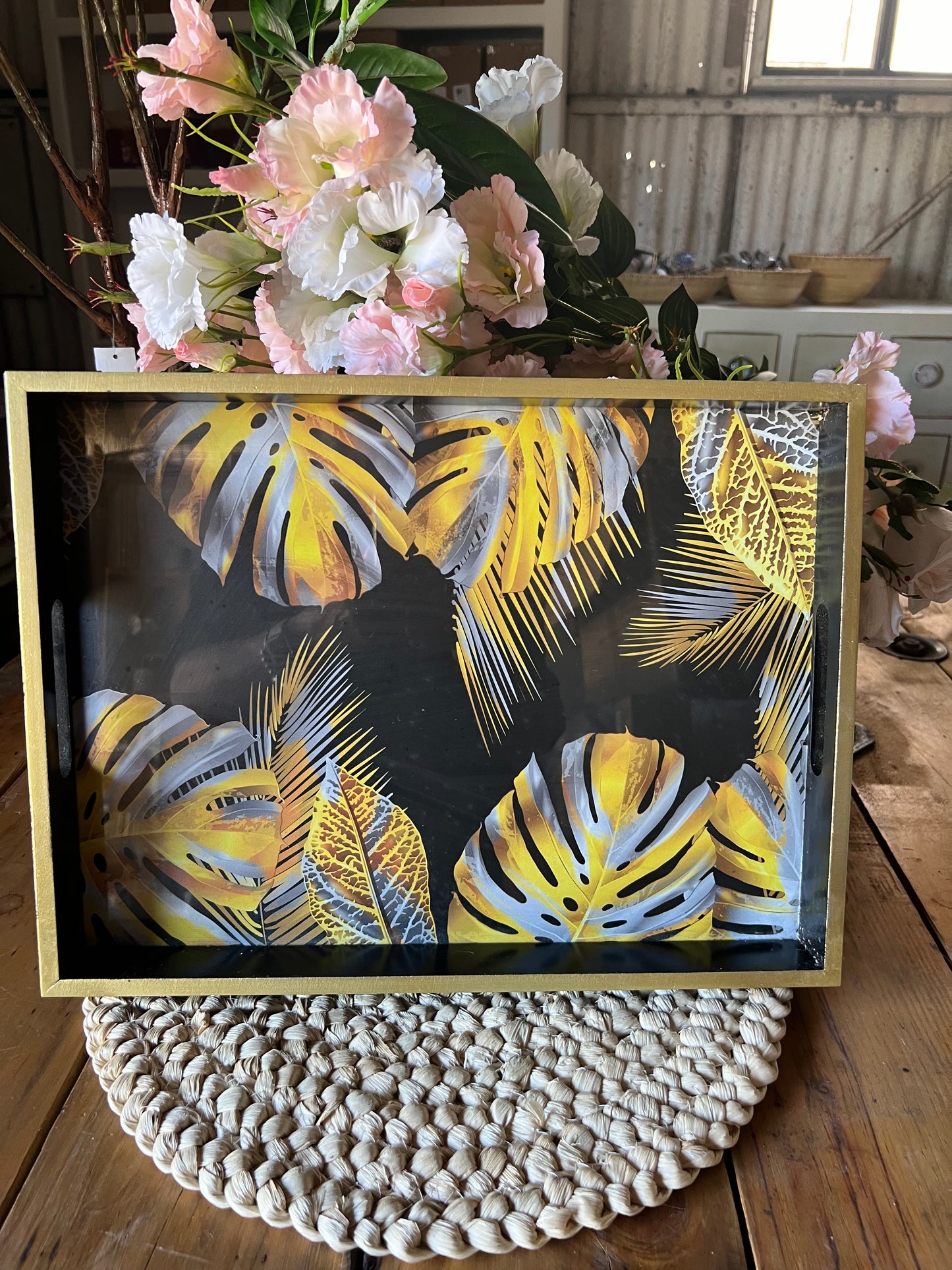 Black and Gold Tray with Gold and Silver palms