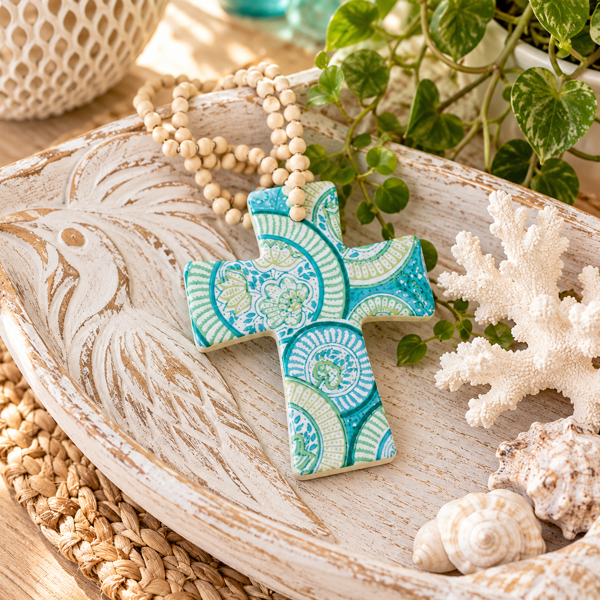 Ceramic Beaded Cross Ornament -Assorted Designs
