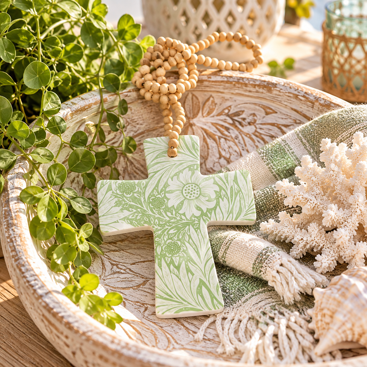 Ceramic Beaded Cross Ornament -Assorted Designs